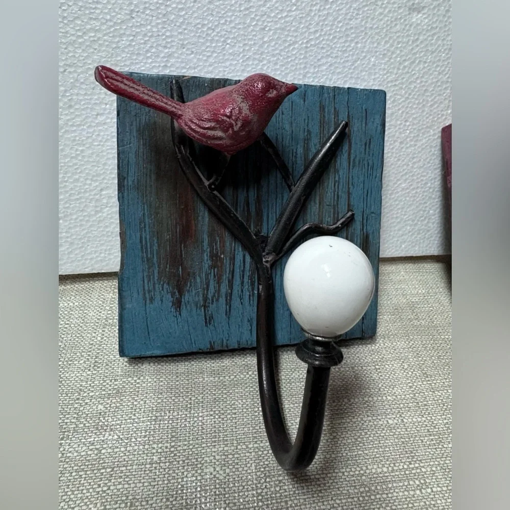 Rustic Bird Wall Hooks - Blue and Red